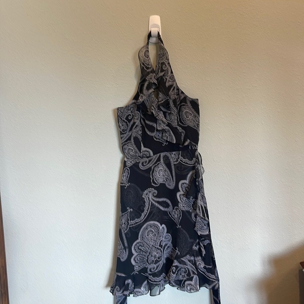 White House Black Market black paisley ruffle halter dress
